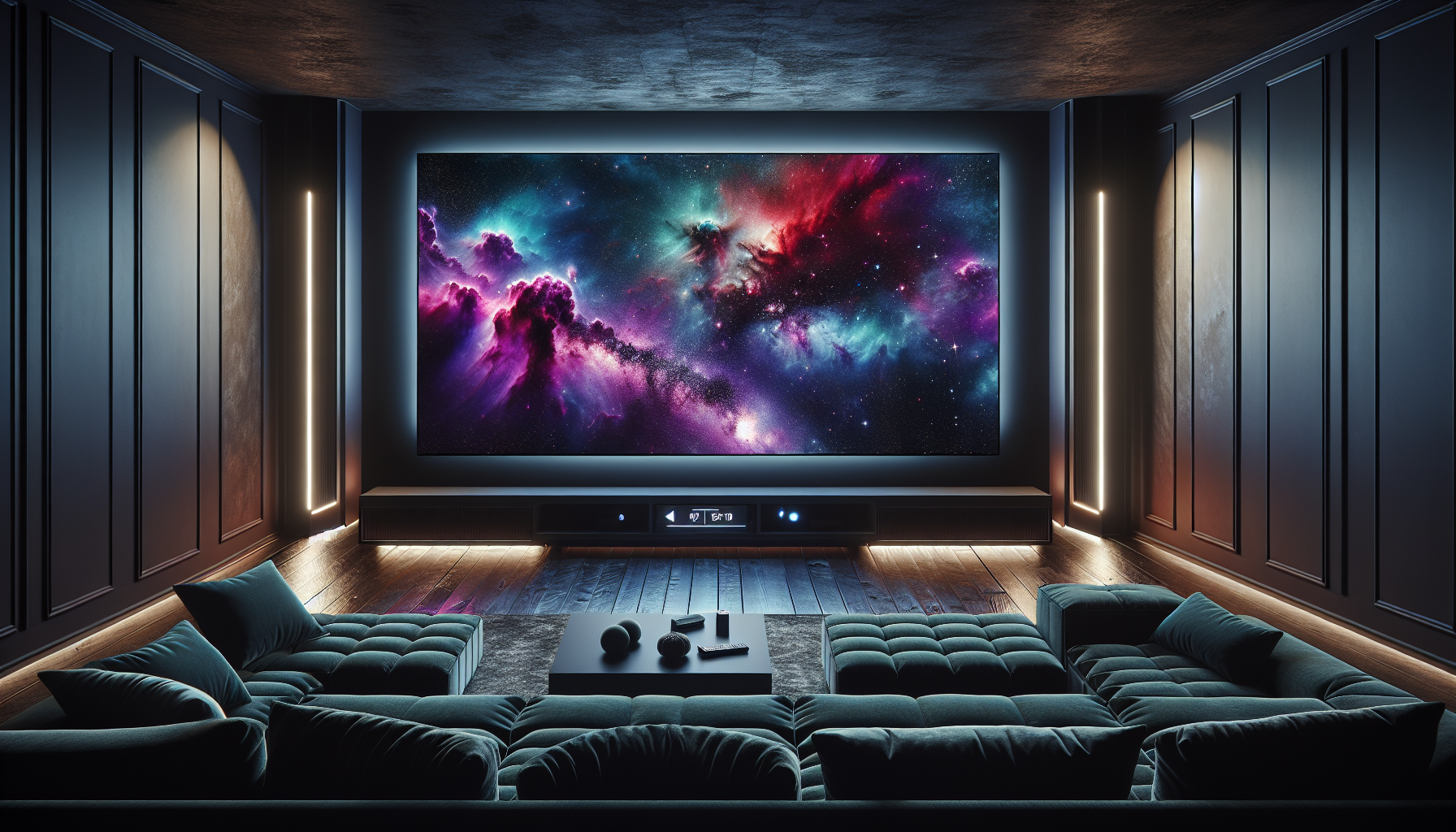 Dark home theatre room with OLED TV showing deep blacks and vivid colors